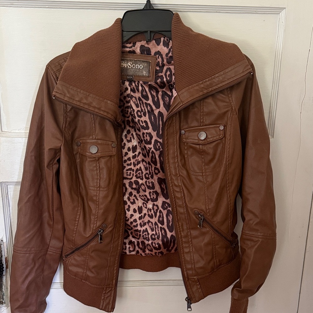 Ci Sono Brown Bomber Jacket with Leopard Lining